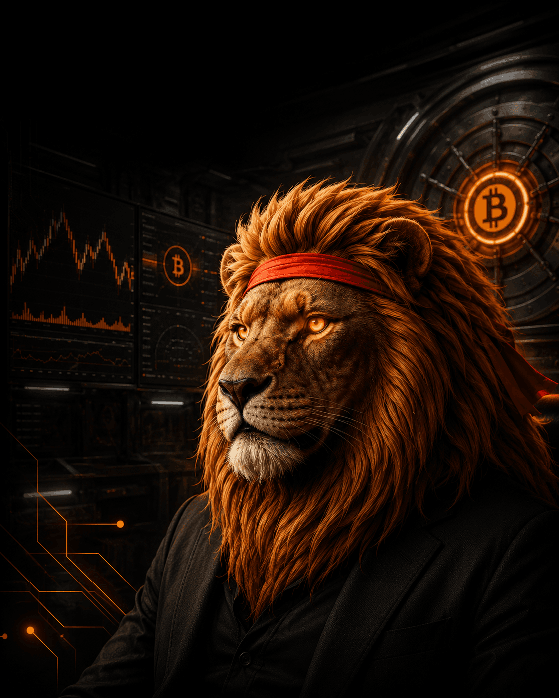 Roaring Stacker mascot — Treasury Lion portrait with red headband