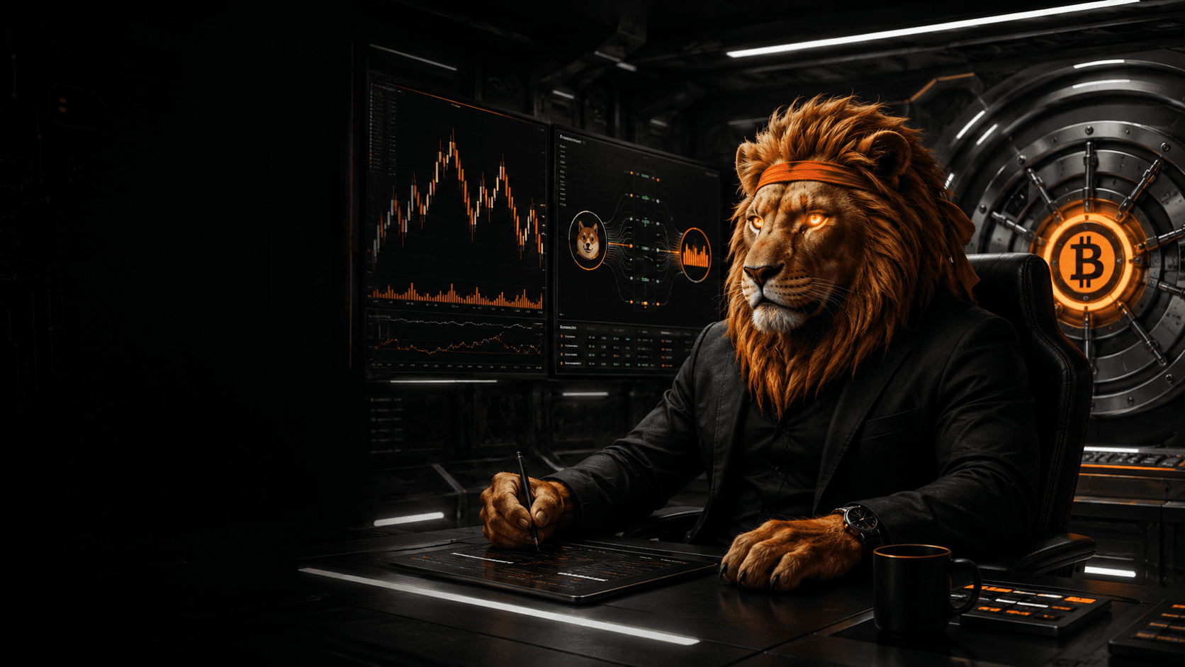 Roaring Stacker mascot — Treasury Lion with red headband and orange eyes in a Bitcoin trading command center