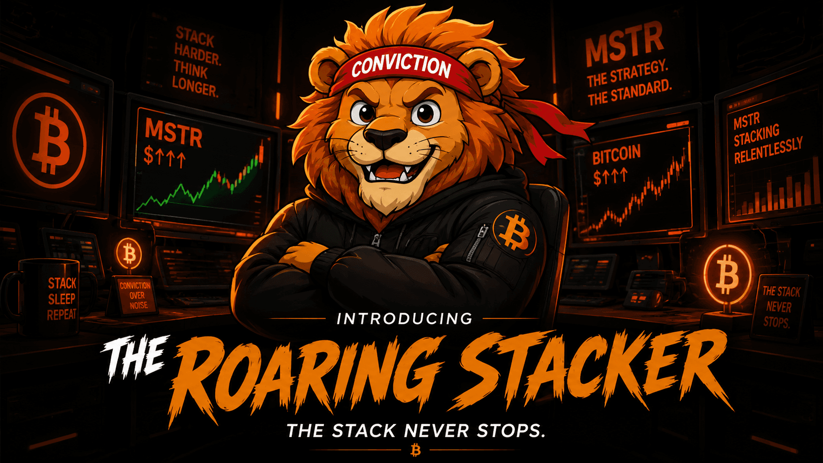 The Roaring Stacker mascot in a crypto command center.